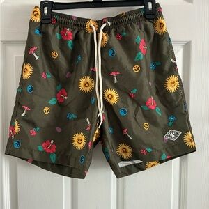 PacSun Olive Floral and Peace Symbol Board Shorts